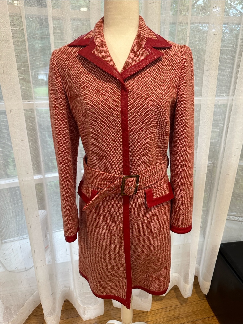 Dolce & Gabbana Vintage Red Tweed Belted Coat with Contrasting Leather Trim